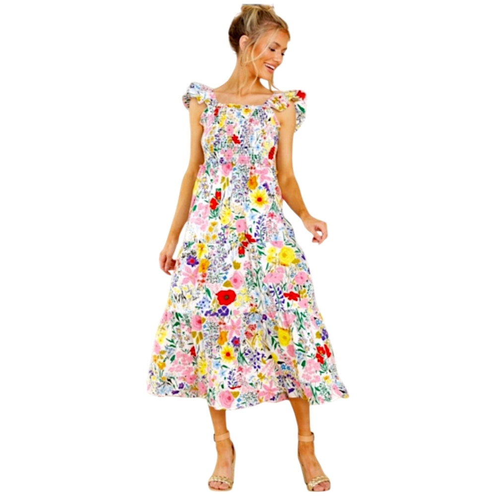 THML Floral Midi Dress - White Base with Pink, Yellow, Red & Green